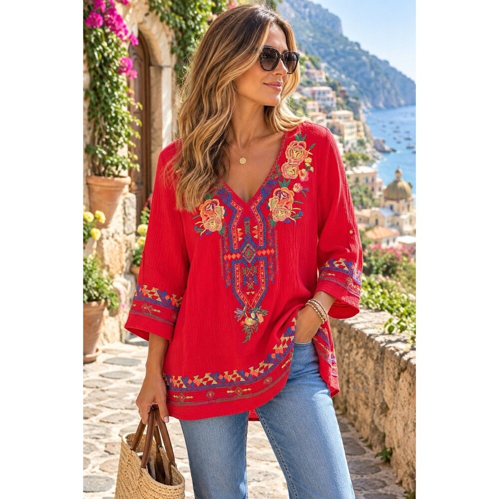Calessa 1X Gauze Embroidered Tunic Top Crinkle Boho Floral Beach Vacation Artsy